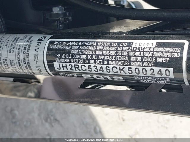 Aukcja sprzedaży 2012 Honda Vt750 C2f, vin: JH2RC5346CK500240, numer aukcji: 12599365