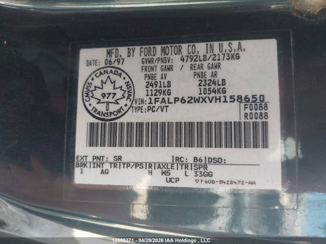 12599371 :رقم المزاد ، 1FALP62WXVH158650 vin ، 1997 Ford Thunderbird Lx مزاد بيع