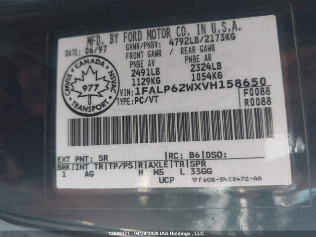 12599371 :رقم المزاد ، 1FALP62WXVH158650 vin ، 1997 Ford Thunderbird Lx مزاد بيع