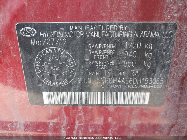 Aukcja sprzedaży 2013 Hyundai Elantra Gls, vin: 5NPDH4AE6DH153065, numer aukcji: 12587644