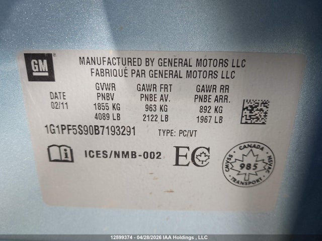 2011 Chevrolet Cruze Lt მანქანა იყიდება აუქციონზე, vin: 1G1PF5S90B7193291, აუქციონის ნომერი: 12599374
