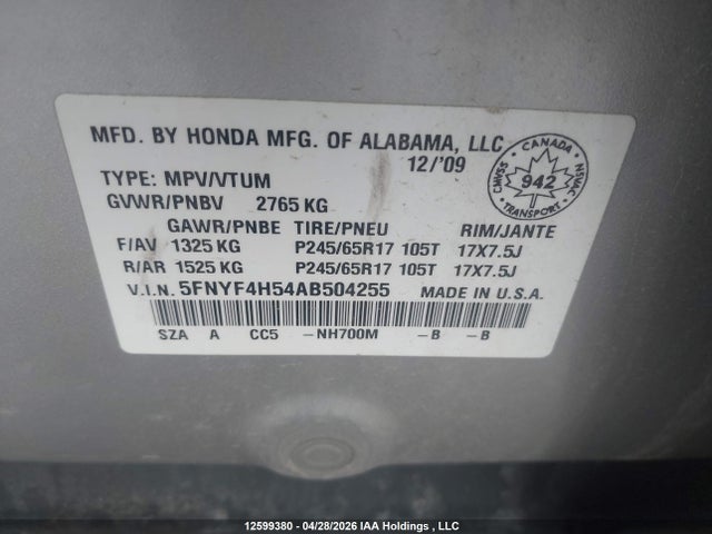 Aukcja sprzedaży 2010 Honda Pilot Ex-l, vin: 5FNYF4H54AB504255, numer aukcji: 12599380