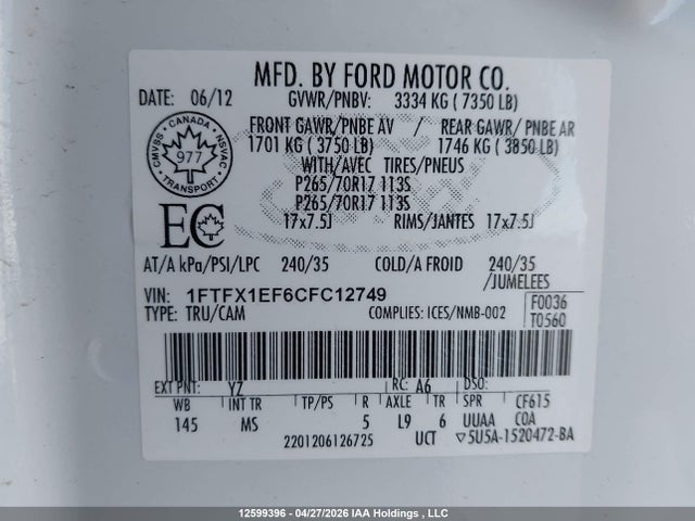 12599396 :رقم المزاد ، 1FTFX1EF6CFC12749 vin ، 2012 Ford F150 Super Cab مزاد بيع