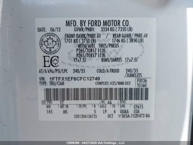 12599396 :رقم المزاد ، 1FTFX1EF6CFC12749 vin ، 2012 Ford F150 Super Cab مزاد بيع