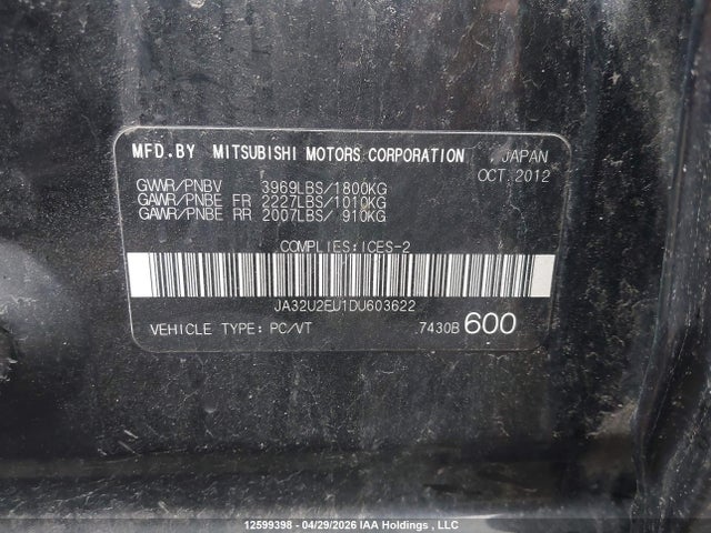 Aukcja sprzedaży 2013 Mitsubishi Lancer Se, vin: JA32U2FU1DU603622, numer aukcji: 12599398