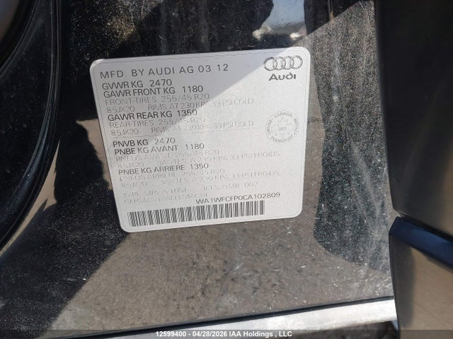 12599400 :رقم المزاد ، WA1WFCFP0CA102809 vin ، 2012 Audi Q5 Prestige مزاد بيع