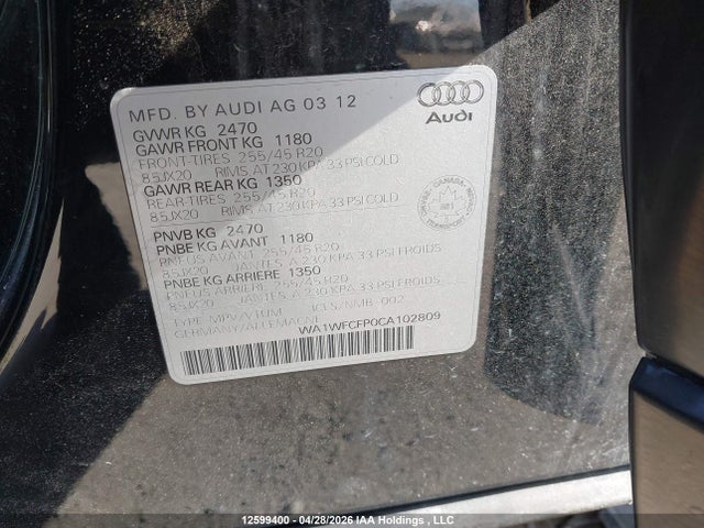 12599400 :رقم المزاد ، WA1WFCFP0CA102809 vin ، 2012 Audi Q5 Prestige مزاد بيع