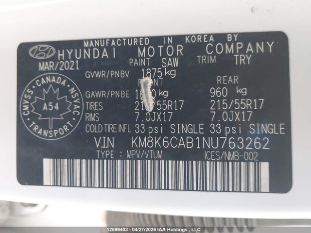 Продаж на аукціоні авто 2022 Hyundai Kona, vin: KM8K6CAB1NU763262, номер лоту: 12599403