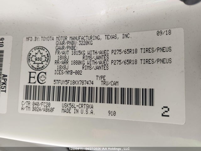 5TFUY5F18KX787474 Toyota Tundra Sr5 Plus 5.7l V8
