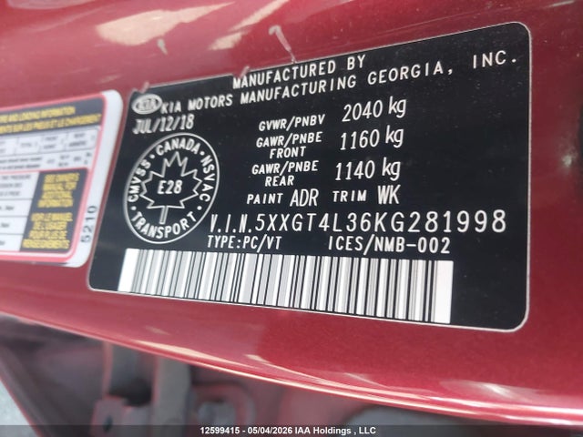 2019 Kia Optima Lx/lx+ მანქანა იყიდება აუქციონზე, vin: 5XXGT4L36KG281998, აუქციონის ნომერი: 12599415