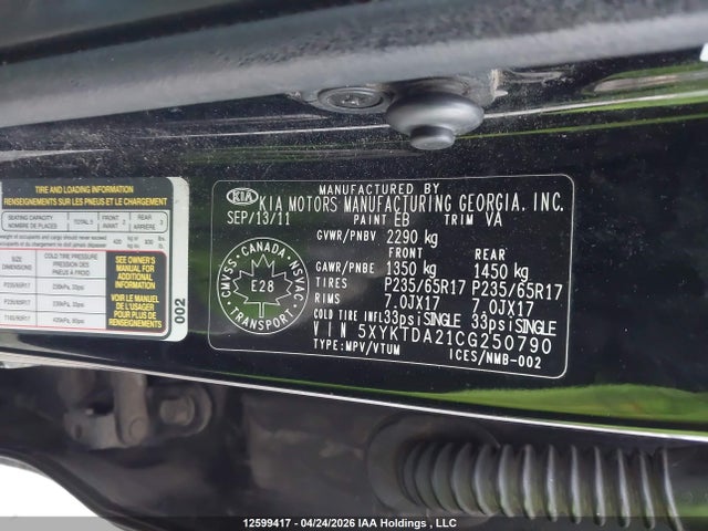 12599417 :رقم المزاد ، 5XYKTDA21CG250790 vin ، 2012 Kia Sorento Lx V6 مزاد بيع