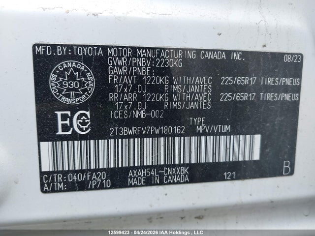 12599423 :رقم المزاد ، 2T3BWRFV7PW180162 vin ، 2023 Toyota Rav4 Le مزاد بيع