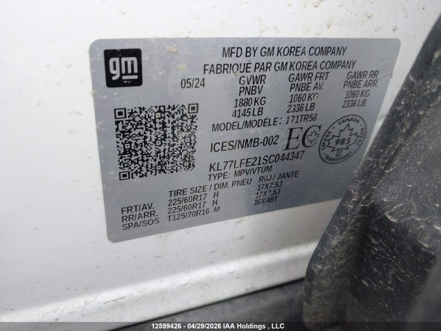 12599426 :رقم المزاد ، KL77LFE21SC044347 vin ، 2025 Chevrolet Trax مزاد بيع