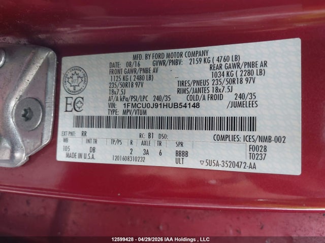 12599428 :رقم المزاد ، 1FMCU0J91HUB54148 vin ، 2017 Ford Escape Titanium مزاد بيع