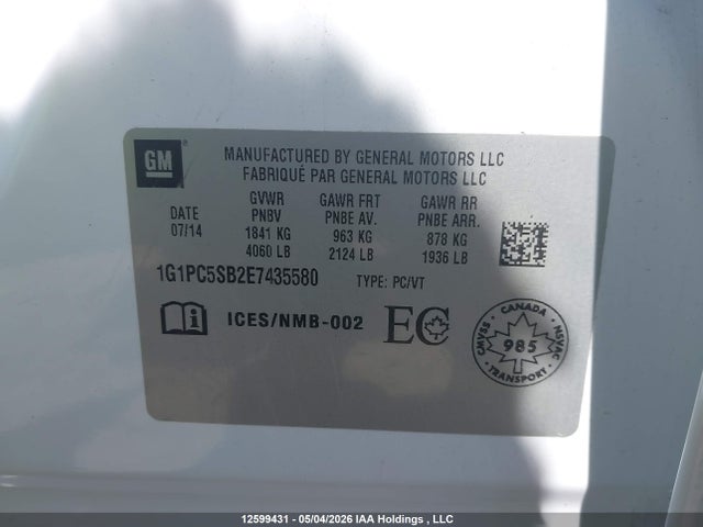 Продажа на аукционе авто 2014 Chevrolet Cruze Lt, vin: 1G1PC5SB2E7435580, номер лота: 12599431