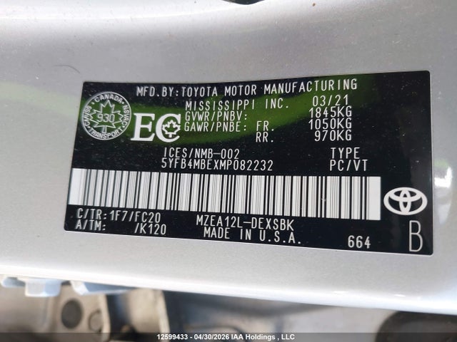 12599433 :رقم المزاد ، 5YFB4MBEXMP082232 vin ، 2021 Toyota Corolla مزاد بيع