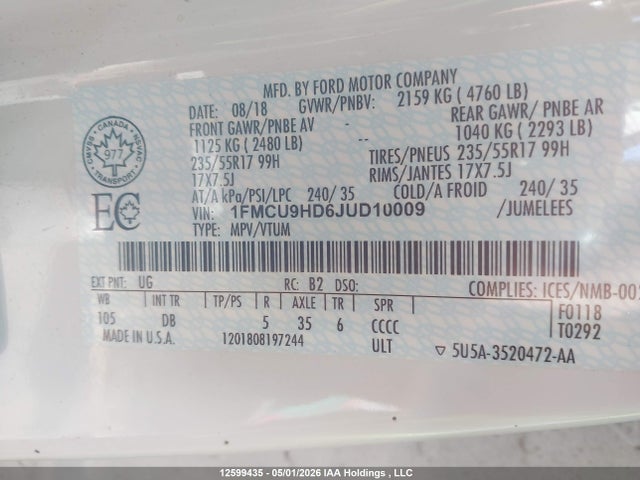 1FMCU9HD6JUD10009 Ford ESCAPE SEL