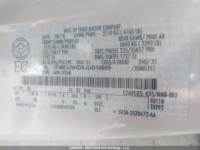 1FMCU9HD6JUD10009 Ford ESCAPE SEL