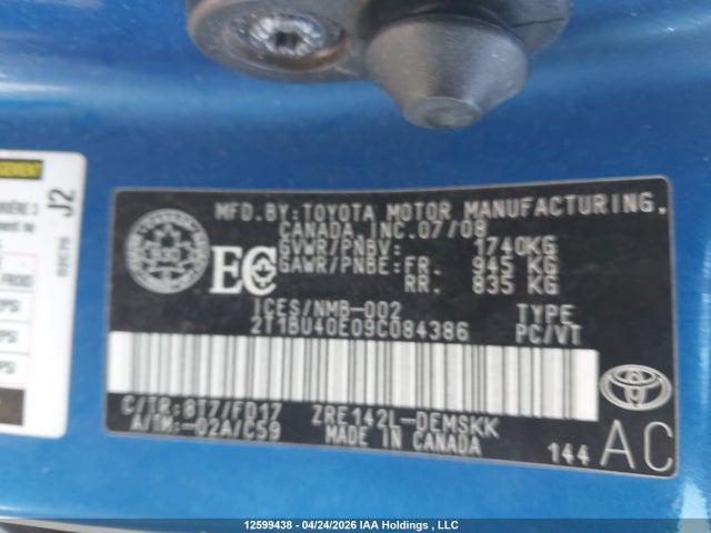 12599438 :رقم المزاد ، 2T1BU40E09C084386 vin ، 2009 Toyota Corolla S/le/xle مزاد بيع
