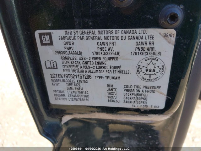 12599441 :رقم المزاد ، 2GTEK19T821157236 vin ، 2002 Gmc Sierra 1500 Sl/sle/slt مزاد بيع