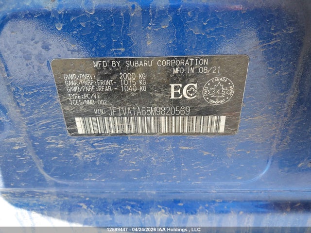 12599447 :رقم المزاد ، JF1VA1A68M9820569 vin ، 2021 Subaru Wrx مزاد بيع