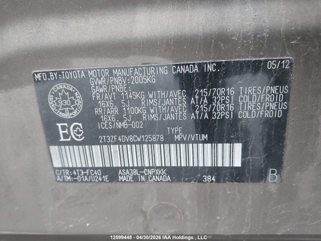 2012 Toyota Rav4 მანქანა იყიდება აუქციონზე, vin: 2T3ZF4DV8CW125878, აუქციონის ნომერი: 12599448