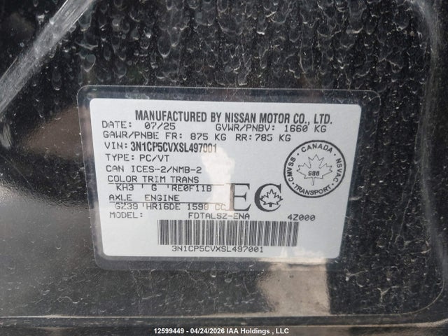 3N1CP5CVXSL497001 Nissan Kicks Play Sv