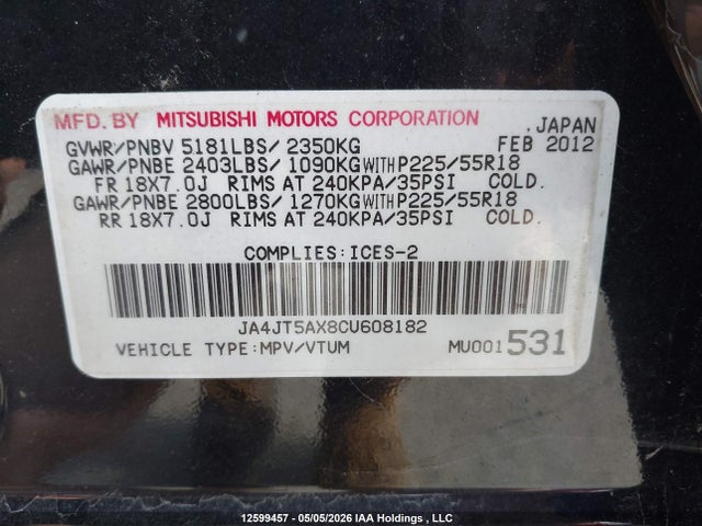 Продажа на аукционе авто 2012 Mitsubishi Outlander Gt, vin: JA4JT5AX8CU608182, номер лота: 12599457