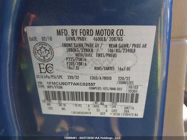 2010 Ford Escape Xlt მანქანა იყიდება აუქციონზე, vin: 1FMCU9D77AKC02557, აუქციონის ნომერი: 12599461