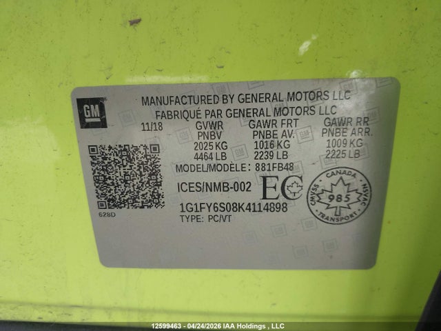 Продаж на аукціоні авто 2019 Chevrolet Bolt Ev Lt, vin: 1G1FY6S08K4114898, номер лоту: 12599463