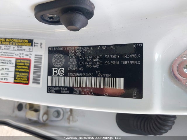 12599465 :رقم المزاد ، 5TDKDRBH7PS500555 vin ، 2023 Toyota Highlander L/le/xle/limited/platinum/xse مزاد بيع