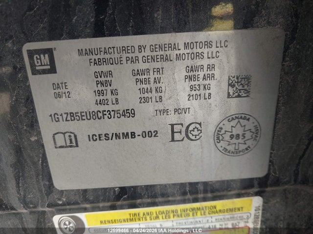 Продажа на аукционе авто 2012 Chevrolet Malibu Ls, vin: 1G1ZB5EU8CF375459, номер лота: 12599466