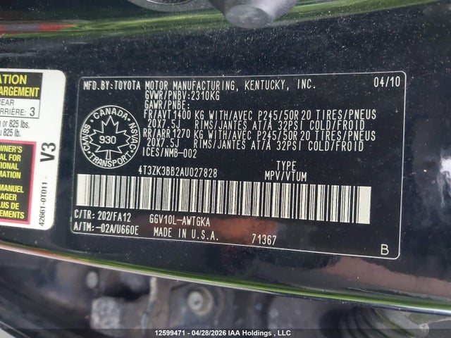 12599471 :رقم المزاد ، 4T3ZK3BB2AU027828 vin ، 2010 Toyota Venza مزاد بيع