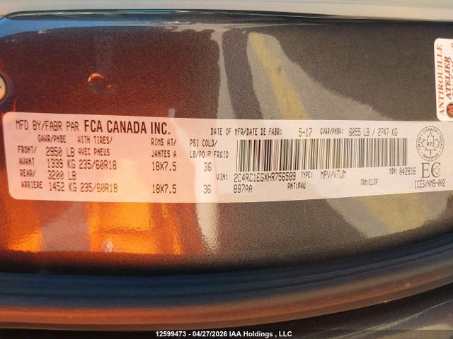 Продажа на аукционе авто 2017 Chrysler Pacifica Touring-l, vin: 2C4RC1EGXHR756589, номер лота: 12599473