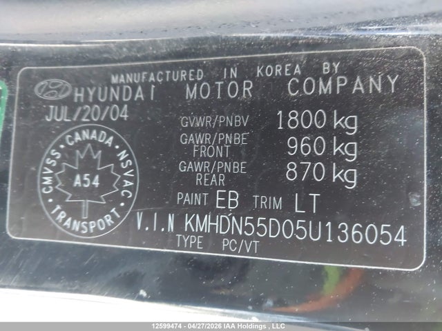 Продаж на аукціоні авто 2005 Hyundai Elantra Gls/gt, vin: KMHDN55D05U136054, номер лоту: 12599474