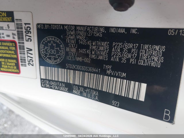 Aukcja sprzedaży 2013 Toyota Sienna V6 7 Passenger, vin: 5TDZK3DC6DS369441, numer aukcji: 12599489