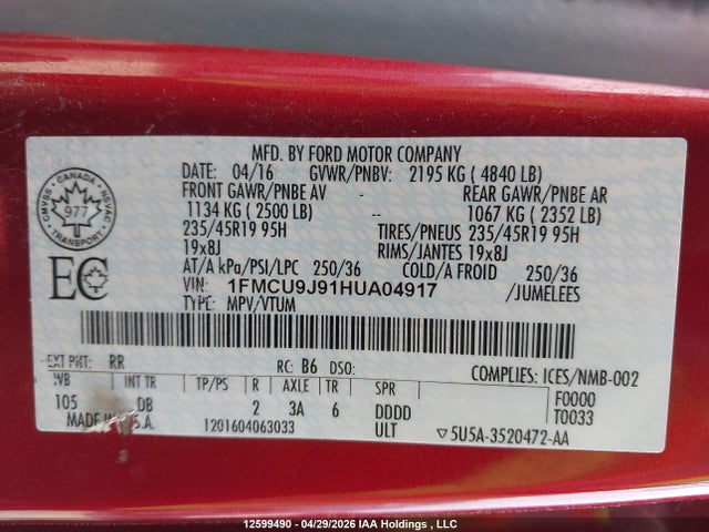 1FMCU9J91HUA04917 Ford Escape Titanium