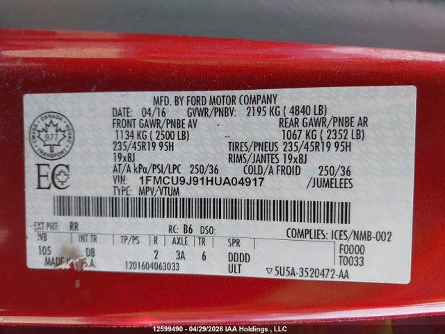 1FMCU9J91HUA04917 Ford Escape Titanium
