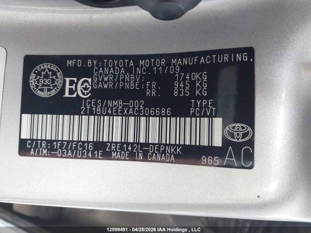 12599491 :رقم المزاد ، 2T1BU4EEXAC306686 vin ، 2010 Toyota Corolla Le مزاد بيع