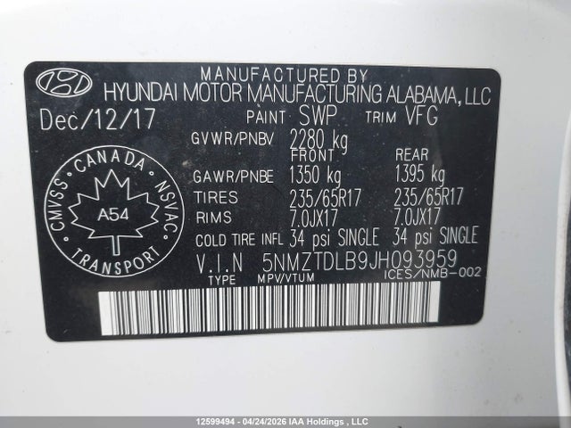 5NMZTDLB9JH093959 Hyundai SANTA FE SPORT