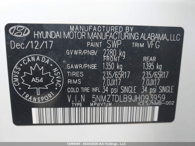 5NMZTDLB9JH093959 Hyundai SANTA FE SPORT