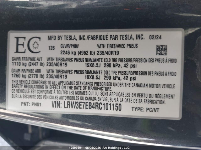 Aukcja sprzedaży 2024 Tesla Model 3 Long Range, vin: LRW3E7EB4RC101150, numer aukcji: 12599501