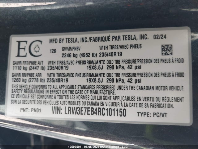 Aukcja sprzedaży 2024 Tesla Model 3 Long Range, vin: LRW3E7EB4RC101150, numer aukcji: 12599501
