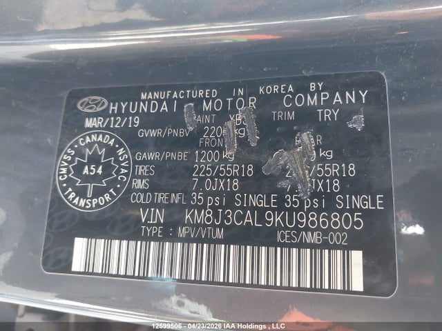 KM8J3CAL9KU986805 Hyundai Tucson Limited/sel/sport/ultimate/value/night