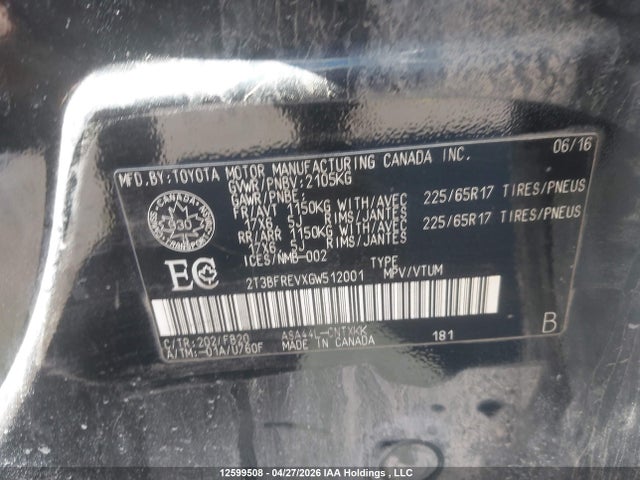 2T3BFREVXGW512001 Toyota RAV4 LE