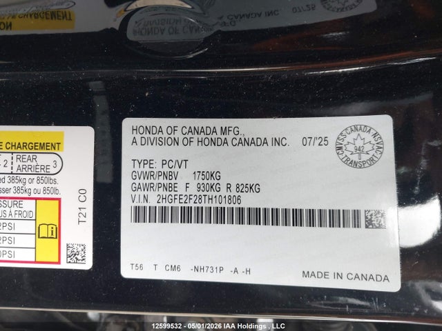 Продажа на аукционе авто 2026 Honda Civic, vin: 2HGFE2F28TH101806, номер лота: 12599532