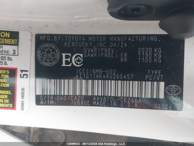2024 Toyota Camry Se მანქანა იყიდება აუქციონზე, vin: 4T1G11AK4RU265457, აუქციონის ნომერი: 12599533