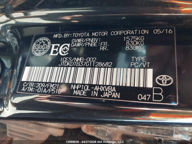 JTDKDTB37G1128682 Toyota PRIUS C