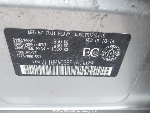 2015 Subaru Impreza Premium მანქანა იყიდება აუქციონზე, vin: JF1GPAC66FH203829, აუქციონის ნომერი: 12599539