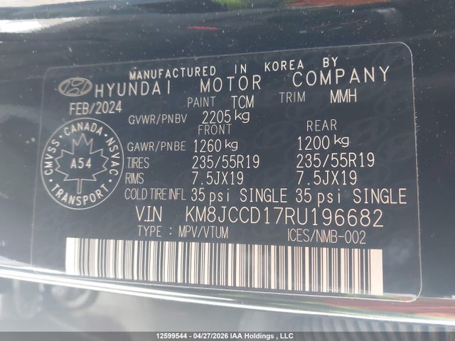 12599544 :رقم المزاد ، KM8JCCD17RU196682 vin ، 2024 Hyundai Tucson Sel Convenience مزاد بيع